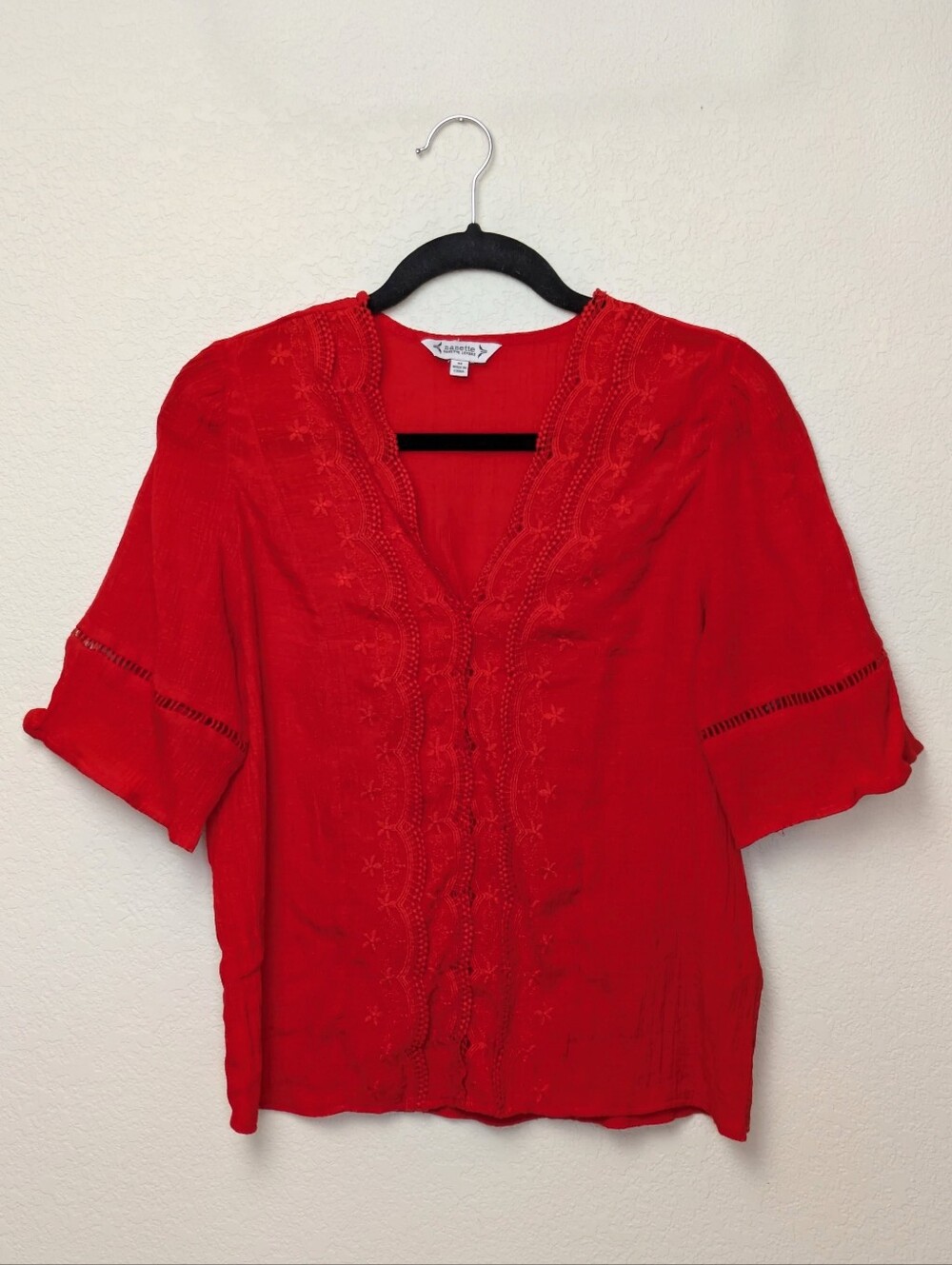 Nanette Lepore Red Embroidered V-Neck Blouse Size M